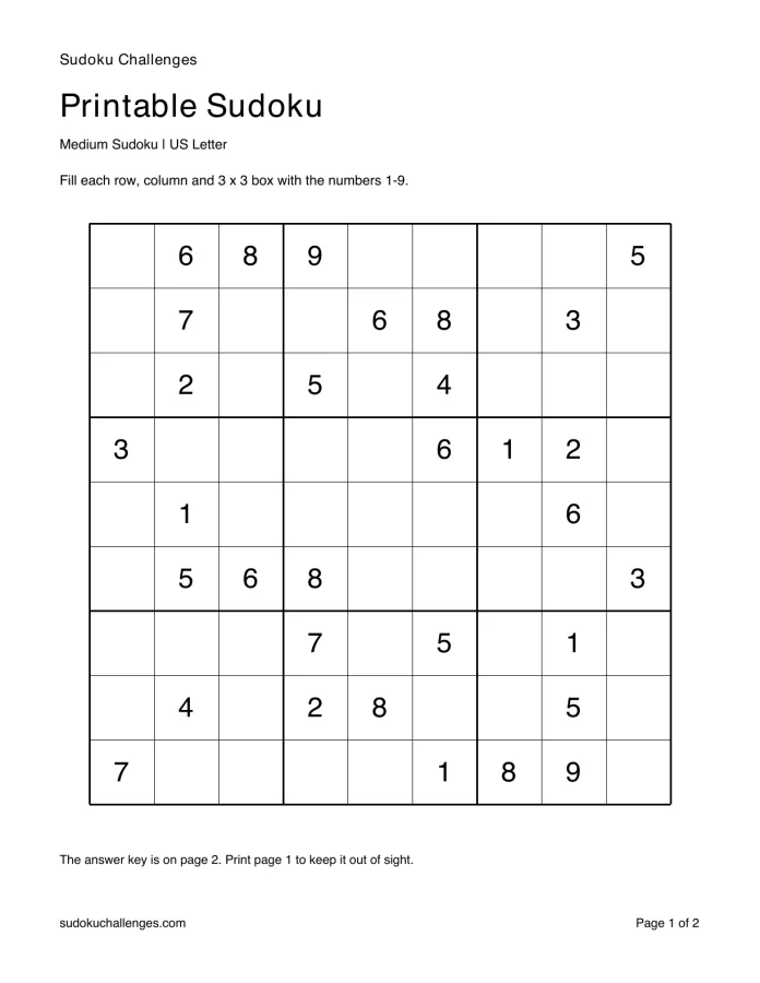 Medium printable Sudoku PDF sample with a large 9 by 9 grid and room to write.