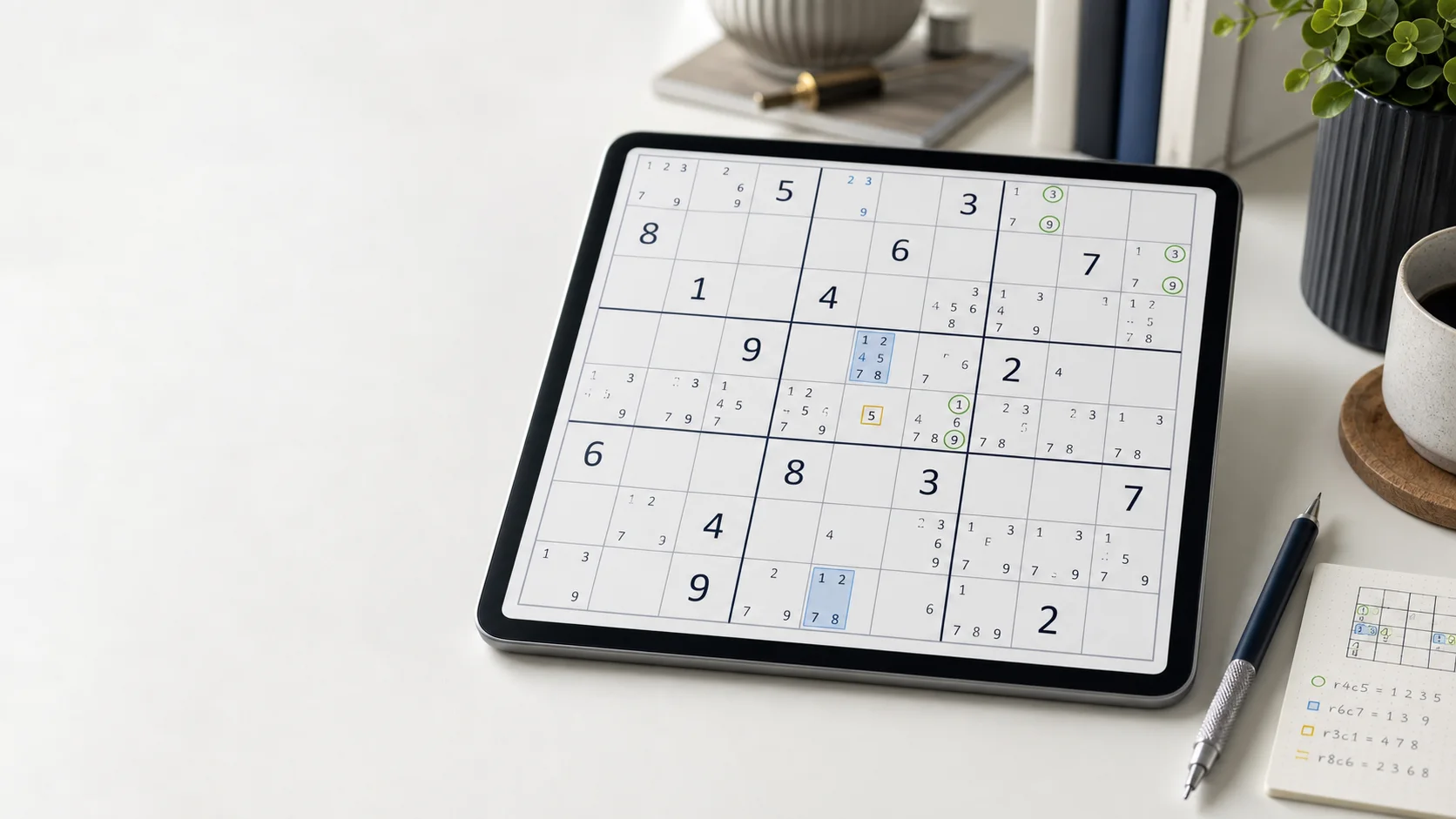 Expert Sudoku puzzle with candidate notes and advanced eliminations