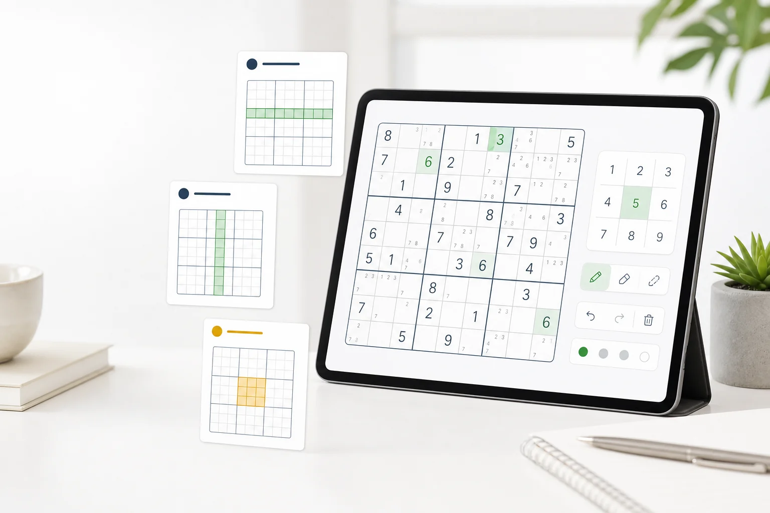 Pure Sudoku strategy lesson shown on a clean tablet with row, column, and box examples