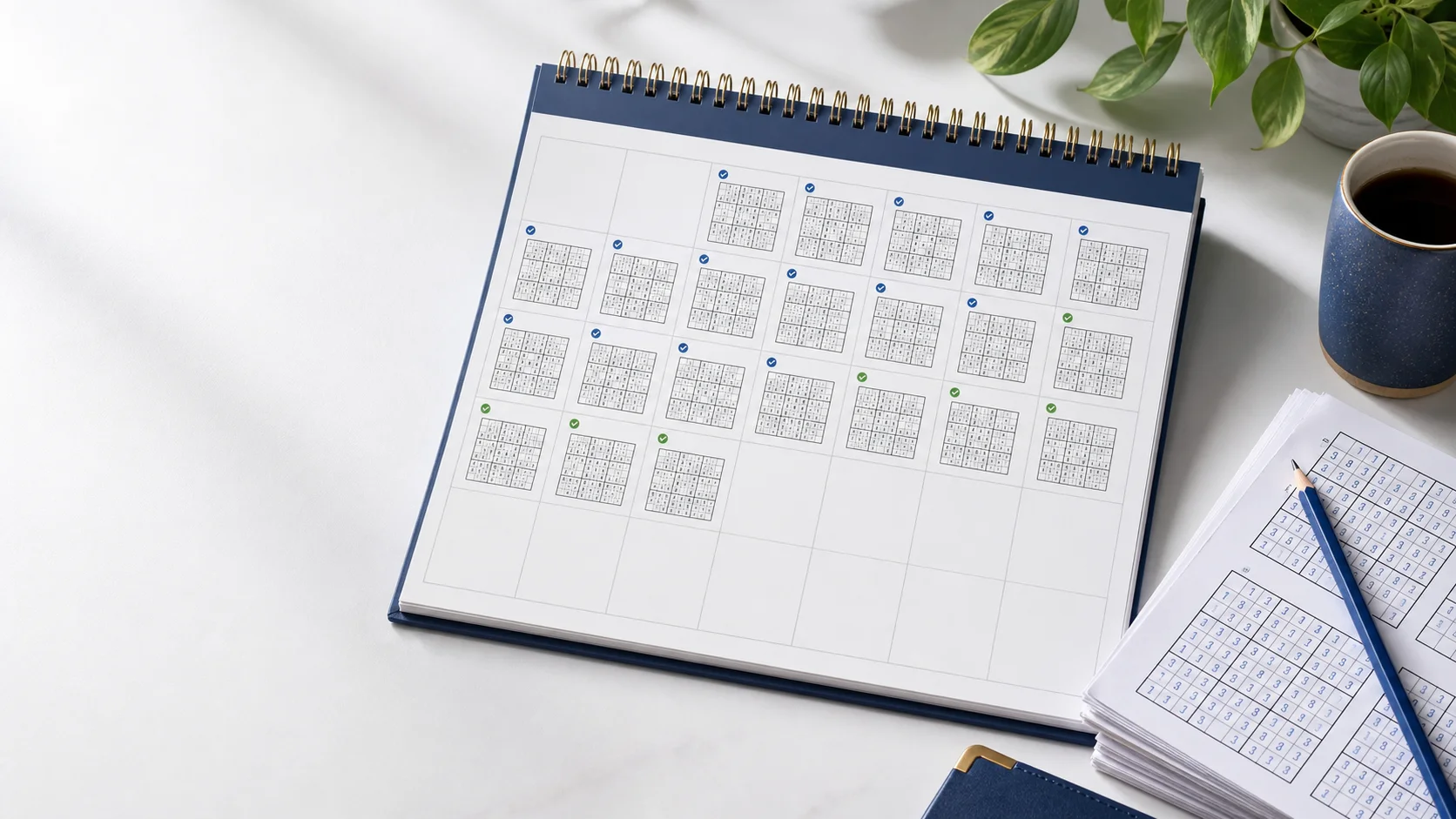 Calendar pages filled with daily Sudoku puzzles and completion marks